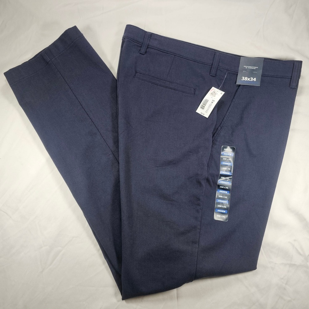 Roundtree & Yorke 38x34 Andrew Straight Navy Diamond Textured Chino Pants 1606